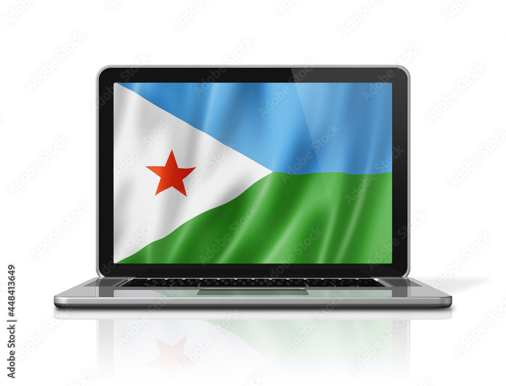 Djibouti flag on laptop screen isolated on white. 3D illustration Djibouti flag on laptop screen isolated on white. 3D illustration