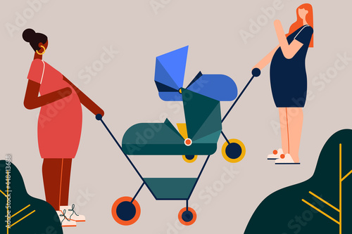Two pregnant woman with strollers, meeting, conversation photo
