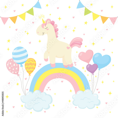 Cute magical unicorn on rainbow with clouds and balloons