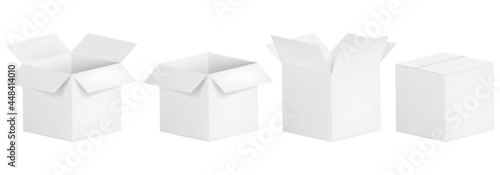 Set of open and closed boxes. White cardboard box. Vector illustration.