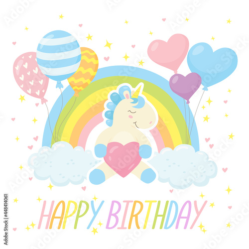 Canvas Print Happy birthday card with cute unicorn and rainbow
