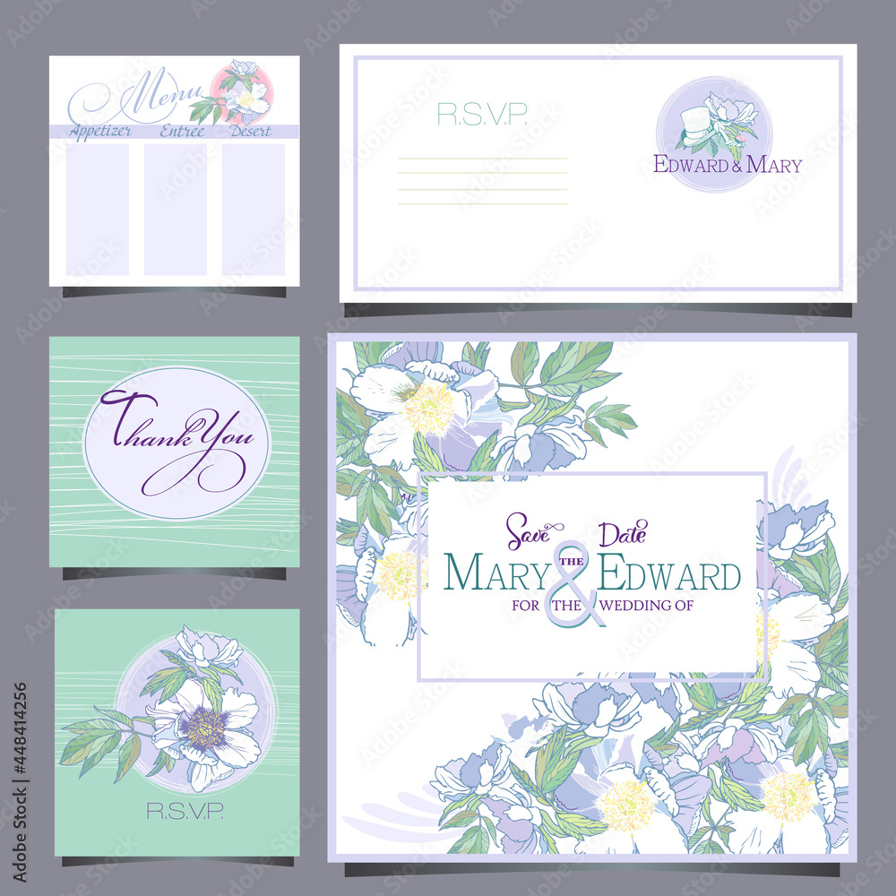 wedding invitation card with pion flower