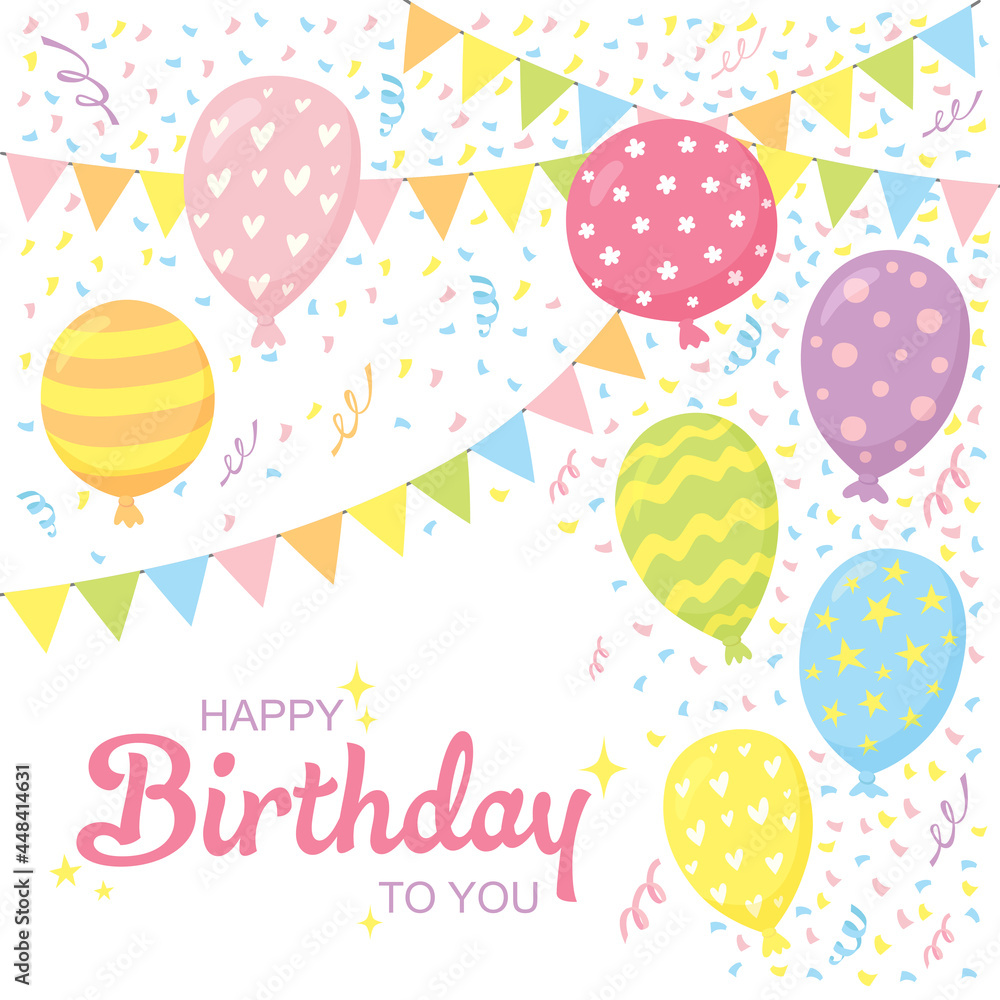 Cute happy birthday card in pastel colors with balloons and garlands Cute happy birthday card in pastel colors with balloons and garlands