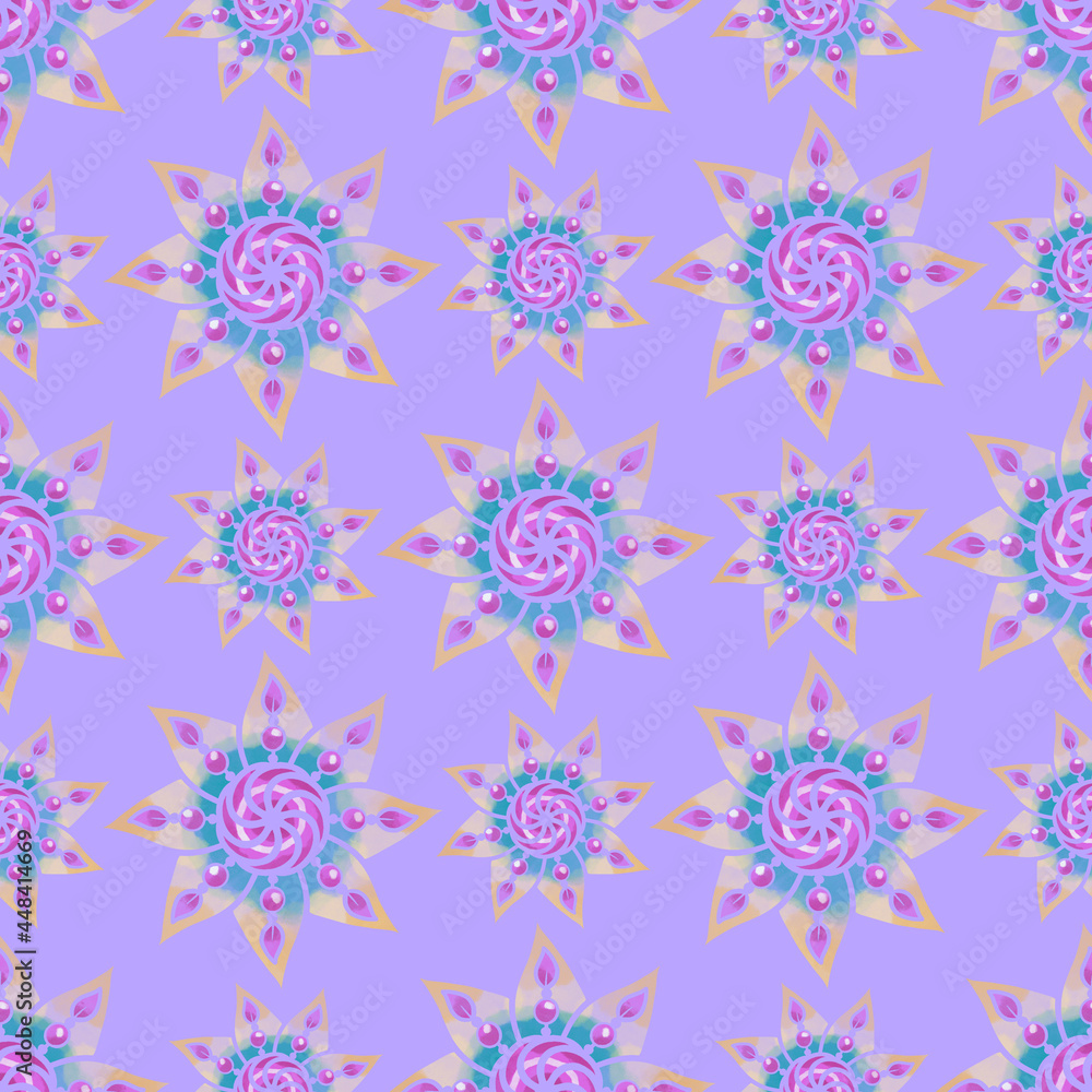 Mandala flower seamless pattern in purple shades, elegant fashionable boho style pattern