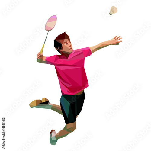 Polygonal professional badminton player doing smash shot on white background