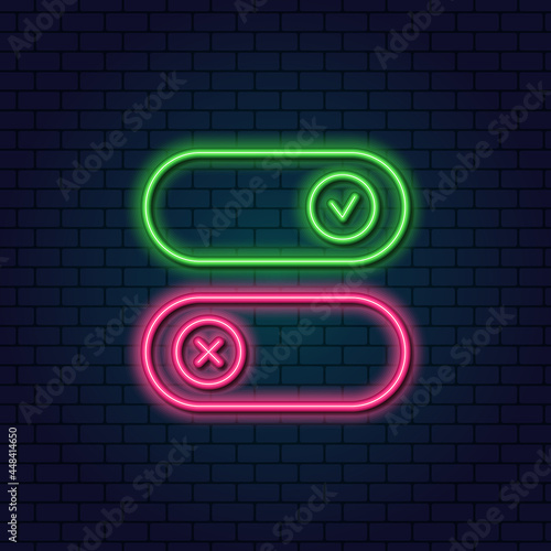 Neon Toggle Switch On and Off. Switch buttons. Modern devices ui template. Vector graphic design. Glowing neon sign on a dark background.