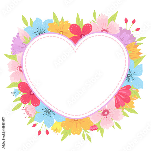 Cute frame of flowers and leaves in the shape of a heart