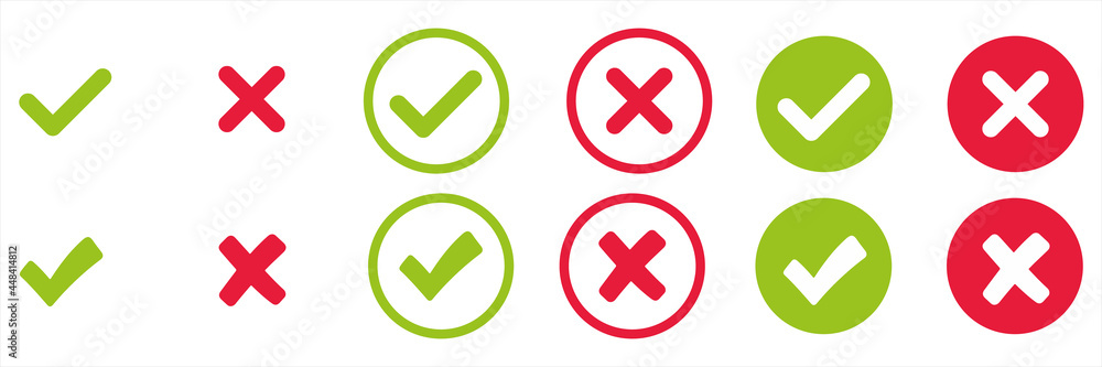 Check mark and x set icon. Simple web buttons. Checkmarks and x or confirm. Round checkmark.
Check mark and x set icon. Simple web buttons. Checkmarks and x or confirm. Round checkmark.