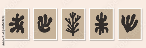 Abstract set of minimal posters with black organic geometric  shapes. Contemporary botanical vector prints
