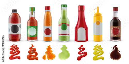 Realistic sauces in bottles. Hot chili, tomato ketchup, guacamole, mustard and soy sauce in glass packaging and condiment splash vector set