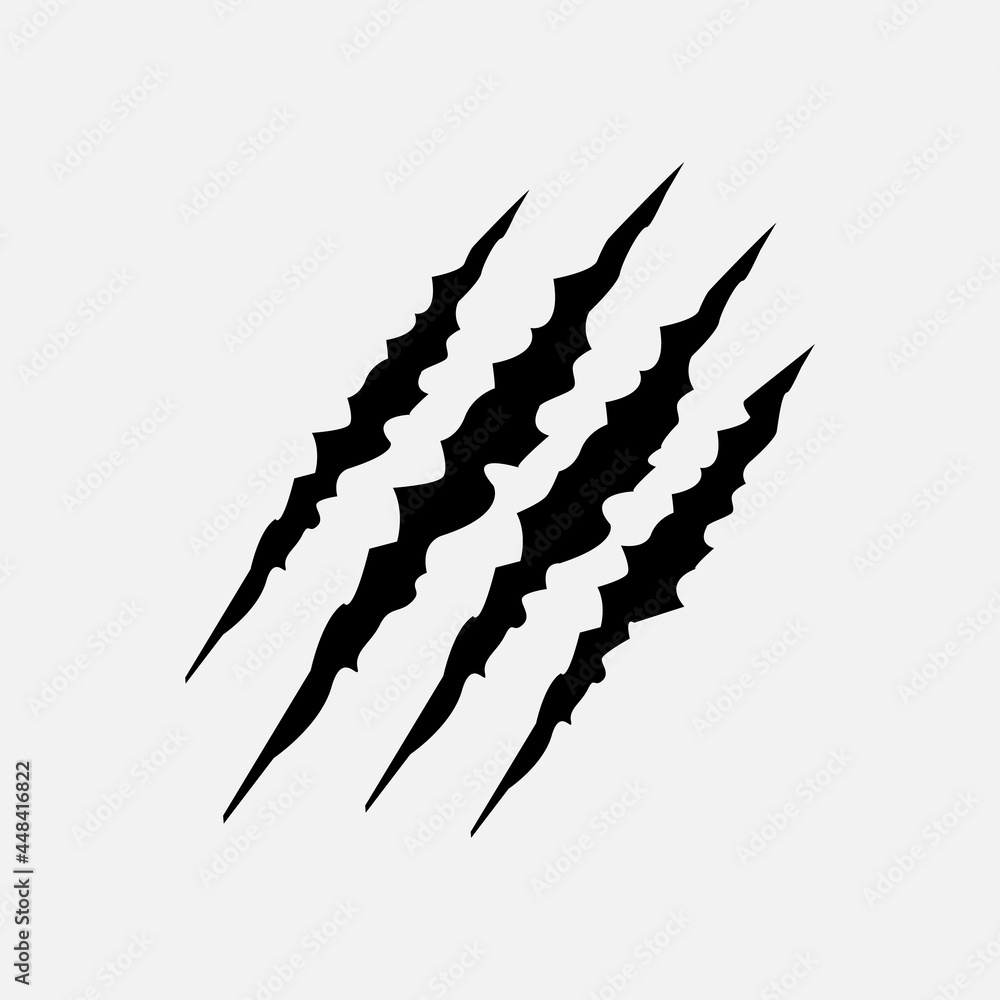 Obraz premium Black claws animal scratch scrape track. Cat tiger scratches paw shape. Four nails trace. Funny design element. Flat design. White background. Isolated. Vector illustration.