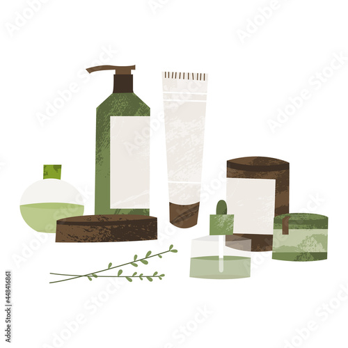 Apothecary bottle: febrifuge, antipyretic, syrup, ointment, drops, cream. Homeopathy, naturopathy. Holistic medicine. Natural organic herb. Vector flat cartoon illustration