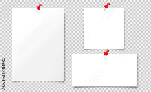 Set of vector illustration of a blank album sheet of paper attached to a red pushpin. Isolated paper format A4 for notes, for records.