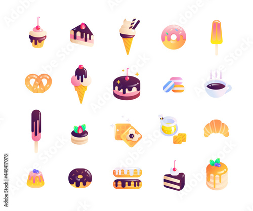 Cakes and muffins, croissant and donuts. Collection of various sweets, icons of desserts
