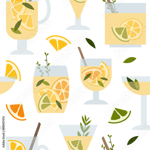 Fresh homemade lemonade, soda, mojito cocktail with lemon and mint. Summer tropic drink, cold citrus refreshing beverage in glass. Vector flat cartoon illustration, seamless pattern