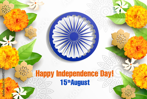 Greeting background for Independence Day of India with flowers and Ashoka chakra wheel (spinning wheel). Vector illustration.