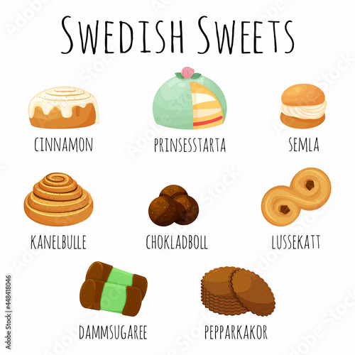 Traditional swedish sweets set. Kanelbulle roll, cinnamon bun, prinsesstarta, semla, chokladboll, lussekatt, dammsugare and pepparkakor ginger cookies. Vector illustration in the cartoon style.