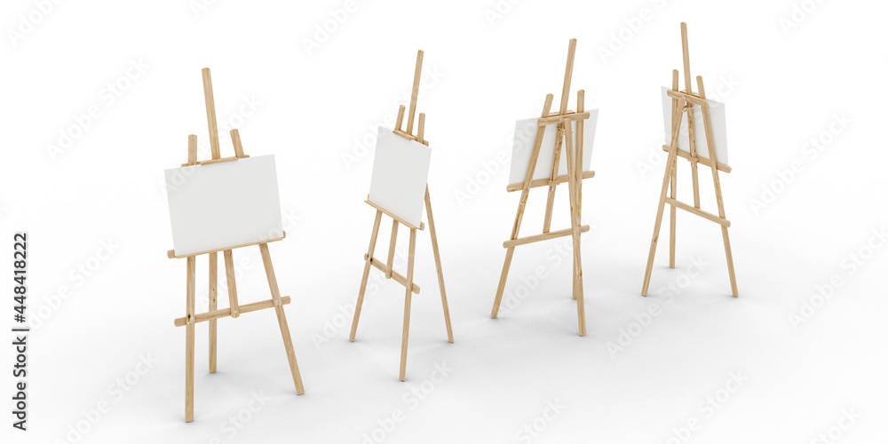 Four wooden easels with canvas on white background, isolated, 3d rendering Four wooden easels with canvas on white background, isolated, 3d rendering