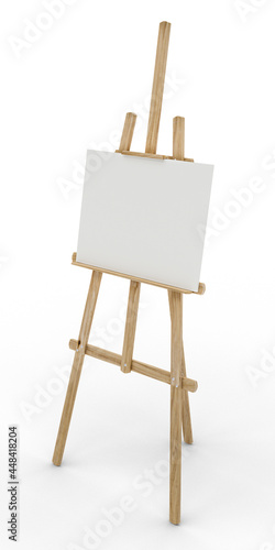 One wooden easel with canvas on white background, isolated, 3d rendering