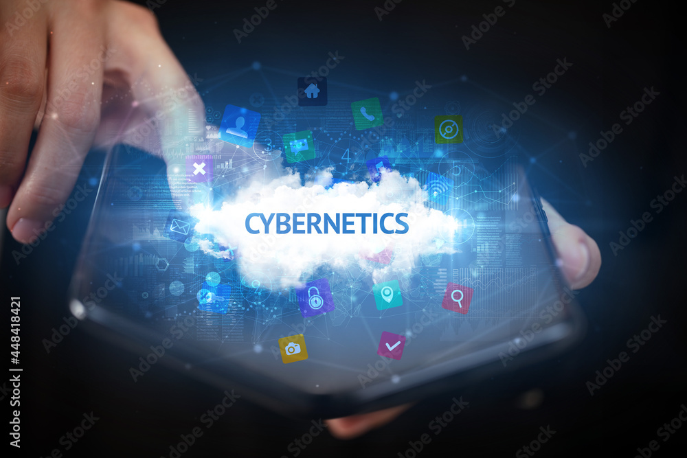 Fototapeta premium Businessman holding a foldable smartphone, technology concept