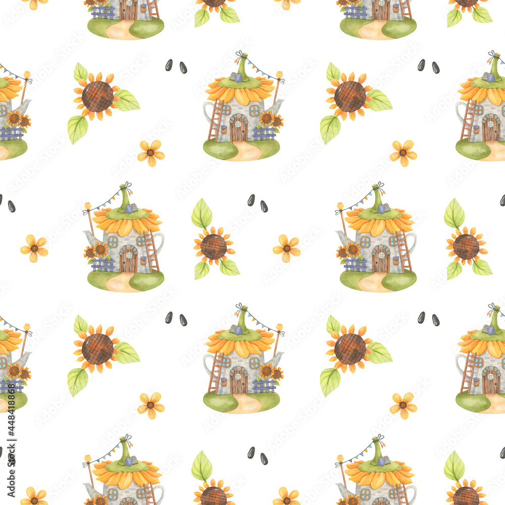 Seamless pattern with watercolor cute houses in a teapot with a sunflower, yellow flowers with leaves, sunflowers and seeds for decoration and fabric design, scrapbooking paper, wallpaper Seamless pattern with watercolor cute houses in a teapot with a sunflower, yellow flowers with leaves, sunflowers and seeds for decoration and fabric design, scrapbooking paper, wallpaper