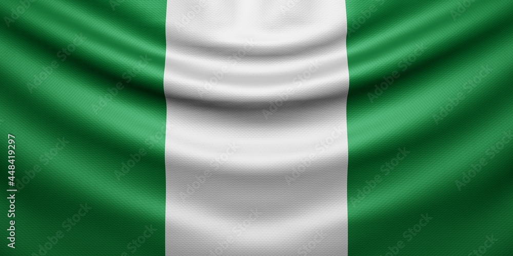Hanging wavy national flag of Nigeria with texture. 3d render. Hanging wavy national flag of Nigeria with texture. 3d render.