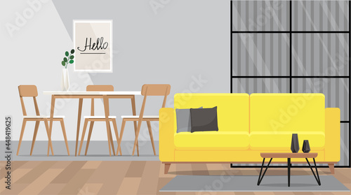 Dining room interior with yellow sofa