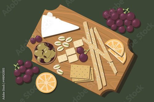 Illustration of cheese platter with oranges, grapes, olives, pistachios, crackers, bread sticks on a wooden board on a green background. Idea for menu of restaurants, cafes. Flat vector design.