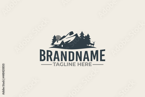 Canvas-taulu cabin logo vector graphic with pines, deer and mountain for any business especially for outdoor activity, hunting, travel and holiday, etc