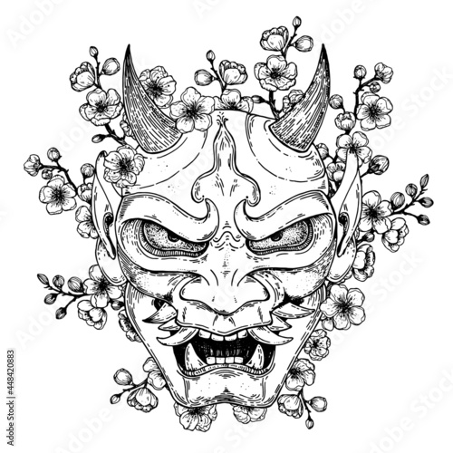 Hannya mask with sakura flowers hand drawn vector illustration. Traditional japanese demon. Tattoo print. Hand drawn sketch illustration for t-shirt print, fabric and other uses.