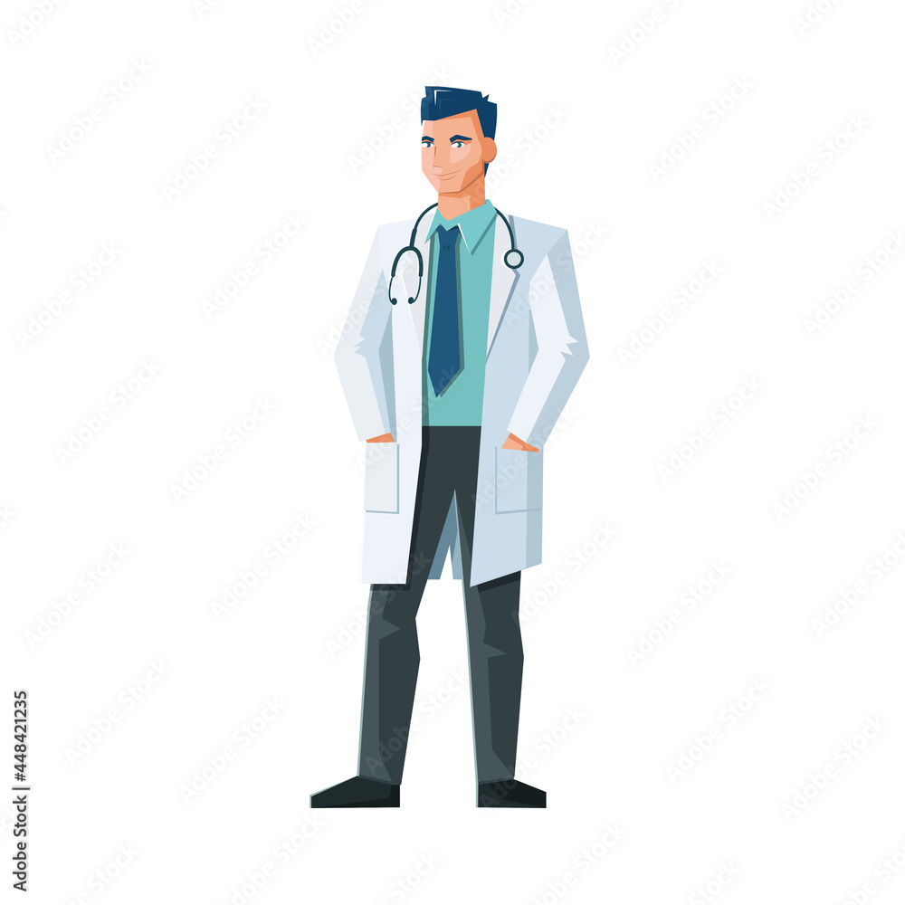 Illustration of male friendly doctor with stethoscope on white background. Young physician or therapist with hands in pockets. Idea for hospitals brochures, medical clinics banners, medical websites Illustration of male friendly doctor with stethoscope on white background. Young physician or therapist with hands in pockets. Idea for hospitals brochures, medical clinics banners, medical websites