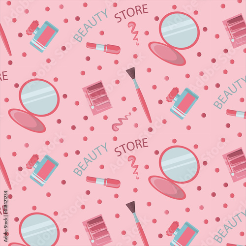 Pink beauty shop cosmetics and perfume pattern. Vector make up mirror, fragrance, eyeshadow, lipstick, brushes pattern for wrapping, fabric, wallpaper, textile, cover.