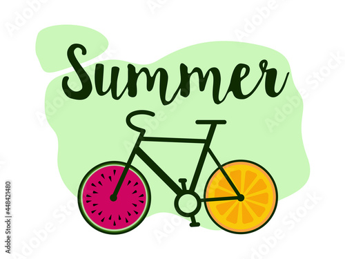 Trendy poster with lettering Summer and a bicycle with orange and watermelon wheels. Vector design. Idea for postcards, banners, textile prints
