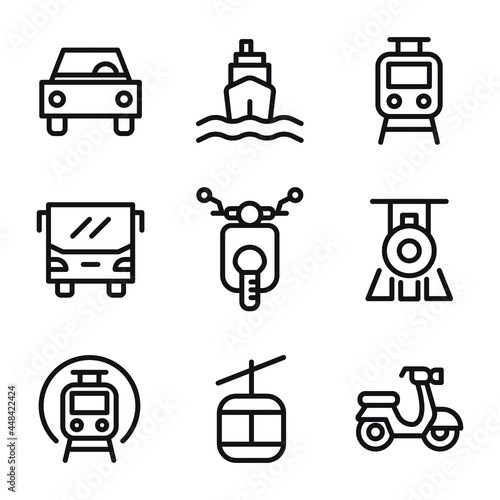 Set, collection of transport, travel, export thin line, outline icons on a white background. Travel related icons. EPS Vector