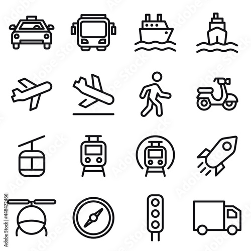 Set, collection of transport, travel, export thin line, outline icons on a white background. Travel related icons. EPS Vector