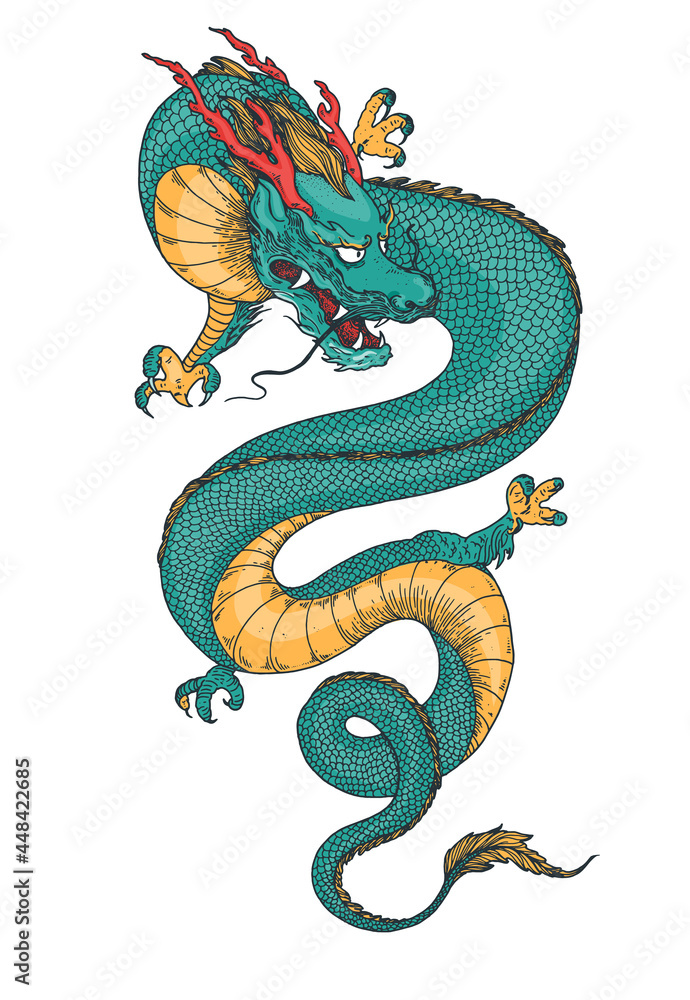 Obraz premium Chinese dragon hand drawn vector illustration. Tattoo print. Hand drawn sketch illustration for t-shirt print, fabric and other uses.