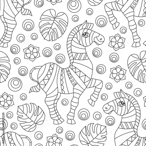 Seamless pattern with zebras, dark outline animals, flowers and leaves on a white background