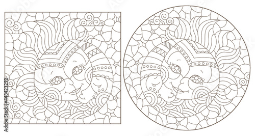 A set of contour illustrations in the style of a stained glass window with a cute sun and moon, dark contours on a white background