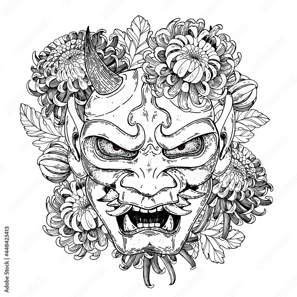 Hannya mask with chrysanthemum flowers hand drawn vector illustration. Traditional  japanese demon. Tattoo print. Hand drawn illustration for t-shirt print,  fabric and other uses. Stock Vector | Adobe Stock