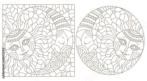 A set of contour illustrations in the style of a stained glass window with a cute sun and moon, dark contours on a white background