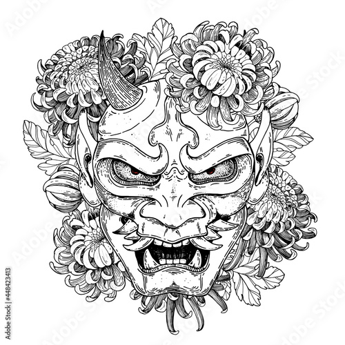 Hannya mask with chrysanthemum flowers hand drawn vector illustration. Traditional japanese demon. Tattoo print. Hand drawn illustration for t-shirt print, fabric and other uses.