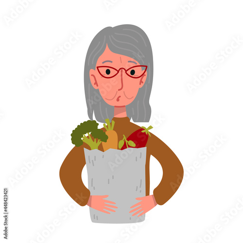Old women fun holding a package with groceries, fruits and vegetables in an eco bag, pensioners healthy lifestyle and elderly people vector. Eco-friendly food shopping. Cartoon character portrait