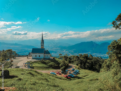 church landscape on top of the mountain with blue sky in Brazil