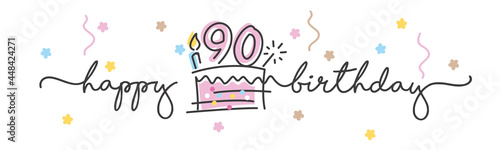90th Birthday handwritten typography lettering Greeting card with colorful big cake, number, candle and confetti photo