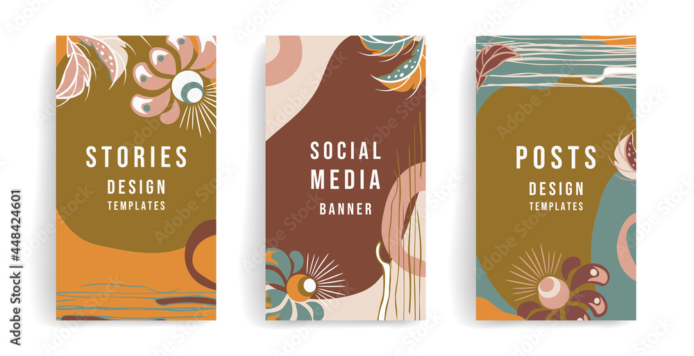 Template for social media posts, stories, banners, mobile apps, web, advertising, congratulations. Vector design with space for text, with creative leaves, flowers. Warm colors green, orange, pink