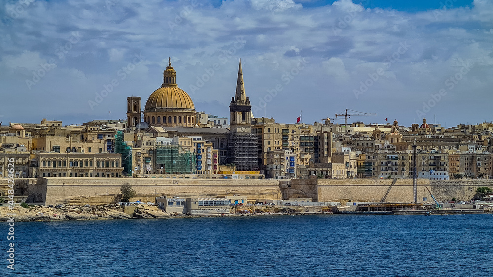 The fortified city of Valletta facing Marsamxett Harbour.