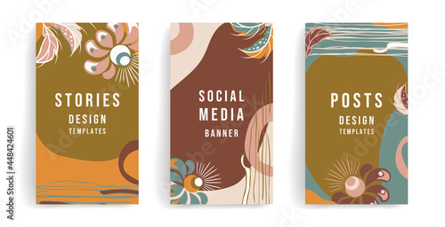 Template for social media posts  stories  banners  mobile apps  web  advertising  congratulations. Vector design with space for text  with creative leaves  flowers. Warm colors green  orange  pink
