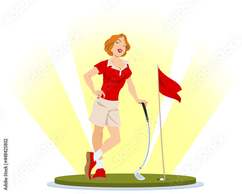 Self-confident golf player girl. Illustration for internet and mobile website.