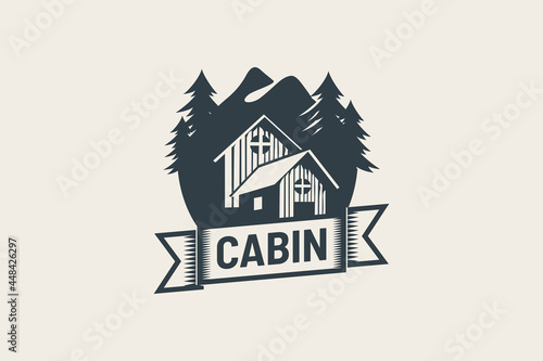 cabin logo vector graphic with pines and mountain for any business especially for outdoor activity, hunting, travel and holiday, etc.