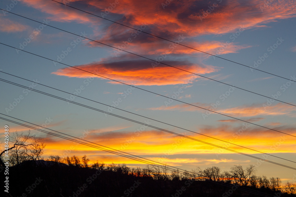 Powerlines at sunset in Redding, California.